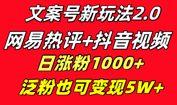 文案号新玩法 网易热评+抖音文案 一天涨粉1000+ 多种变现模式 泛粉也可变现_双星网创_创业赚钱_抖音教程_短视频教程